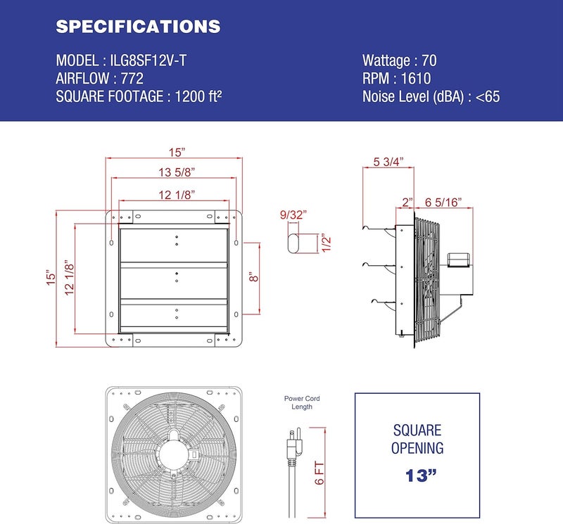 Iliving 12" Wall Mounted Shutter Exhaust Thermostat Control-3 Speeds Vent Fan For Home Attic, Shed, or Garage Ventilation, 960 CFM, 1200 SQF Coverage Area, Variable, Silver - Image 3